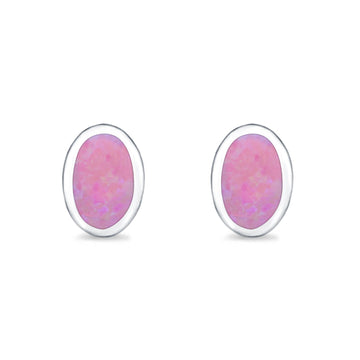 Solitaire Oval Stud Earrings Lab Created Pink Opal 925 Sterling Silver